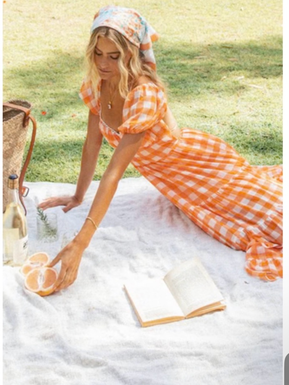 MARBLE Orange and White Gingham Tiered Midi Dress
